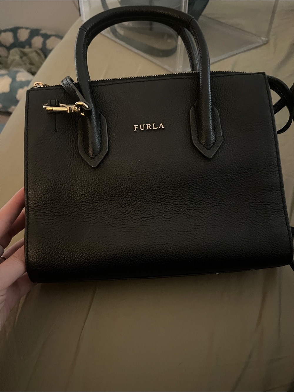 Furla Black Leather Mini Satchel with Gold Hardware